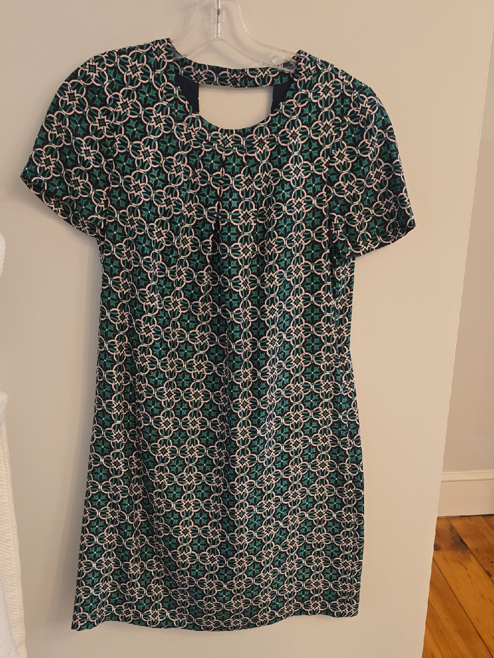 J. Crew Teal and Navy Geometric Short-Sleeve Dress